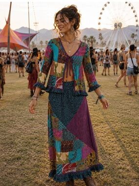 Colorful Patchwork 2 Piece Skirt Set Boho Festival Tie Front Top L Artisan